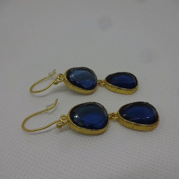 SALE**SALE**Gorgeous "SAPPHIRE QUARTZ" Handmade Golden Earrings #136 - Picture 3 of 3